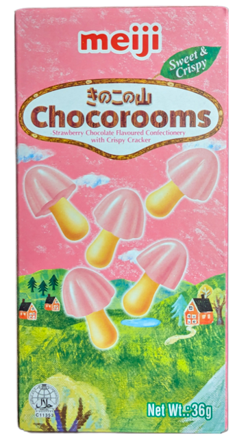 Meiji Chocorooms - Strawberry Chocolate Flavoured Confectionery With Crispy Cracker 36g